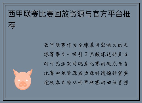 西甲联赛比赛回放资源与官方平台推荐