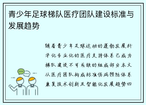 青少年足球梯队医疗团队建设标准与发展趋势