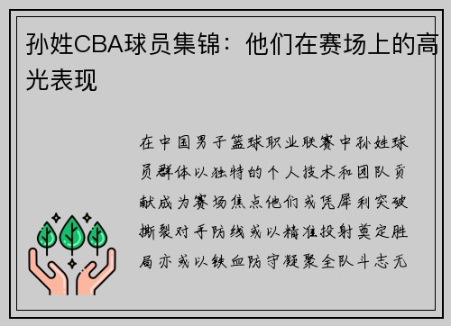 孙姓CBA球员集锦：他们在赛场上的高光表现